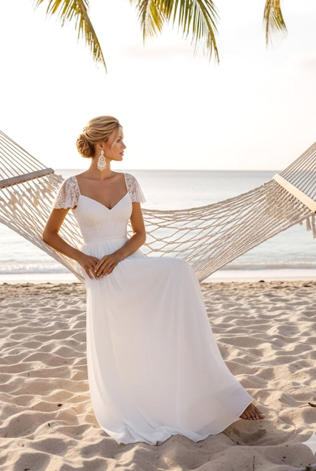 Leely Women White Chiffon Long Beach Wedding Dress with Lace Sheath V