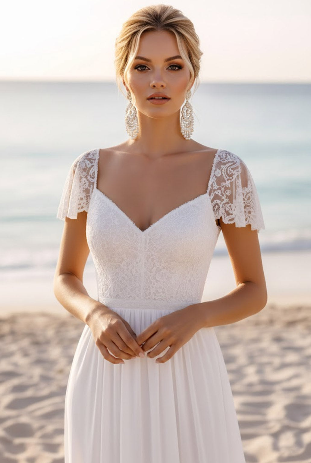 Leely Women White Chiffon Long Beach Wedding Dress with Lace Sheath V
