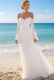 White Chiffon Off the Shoulder Flare Sleeves Long Beach Wedding Dress