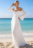 White Chiffon Off the Shoulder Flare Sleeves Long Beach Wedding Dress