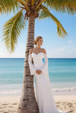 White Chiffon Off the Shoulder Flare Sleeves Long Beach Wedding Dress