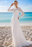 White Chiffon Crew Neck Long Beach Wedding Dress with Sleeves