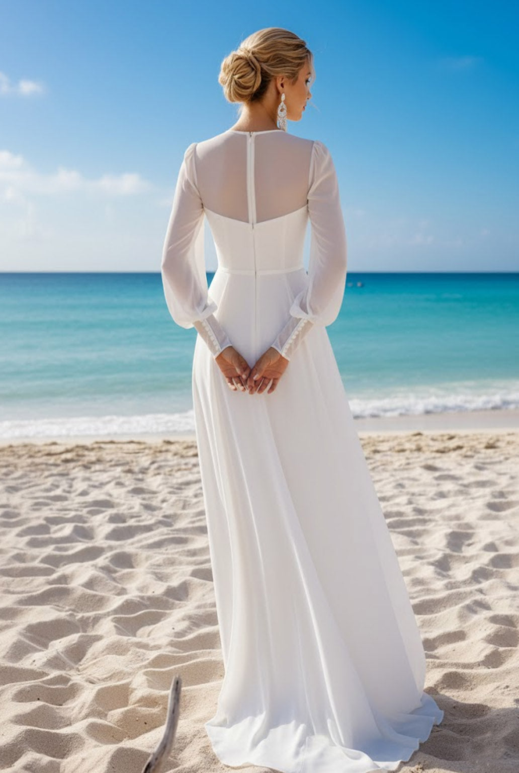 Leely Women White Chiffon Long Beach Wedding Dress Sheath Crew Neck