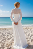 White Chiffon Crew Neck Long Beach Wedding Dress with Sleeves