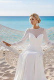 White Chiffon Crew Neck Long Beach Wedding Dress with Sleeves