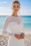 White Chiffon Crew Neck Long Beach Wedding Dress with Sleeves