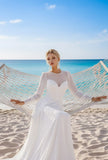 White Chiffon Crew Neck Long Beach Wedding Dress with Sleeves