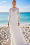 White Chiffon Crew Neck Long Beach Wedding Dress with Sleeves