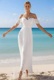 White Chiffon Sheath Off the Shoulder Long Beach Wedding Dress