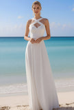 White Chiffon Sheath Cross Neck Long Beach Wedding Dress