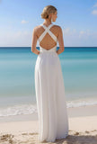 White Chiffon Sheath Cross Neck Long Beach Wedding Dress