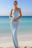Sky Blue Spaghetti Straps Sheath Backless Satin Long Bridesmaid Dress