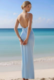 Sky Blue Spaghetti Straps Sheath Backless Satin Long Bridesmaid Dress