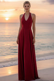 Burgundy Halter Neck Sheath Backless Long Bridesmaid Dress