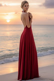 Burgundy Halter Neck Sheath Backless Long Bridesmaid Dress