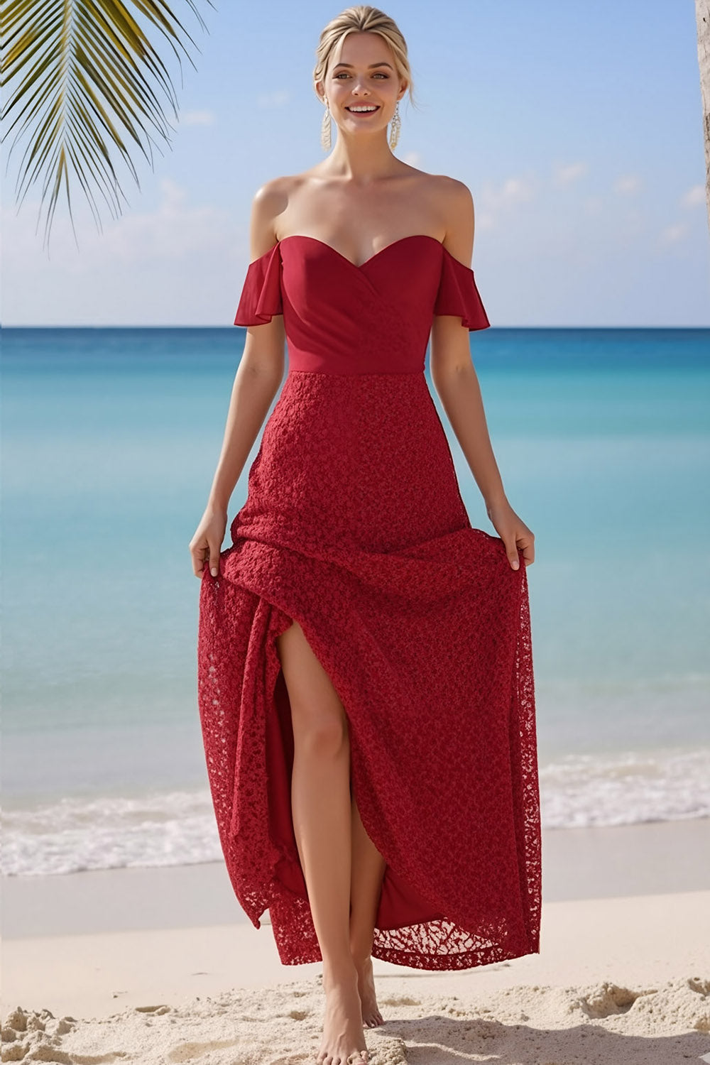 Leely Women Burgundy Lace Sheath Long Bridesmaid Dress Off the Shoulder Backless Wedding Guest Dress leelyuk Leely Women Burgundy Lace Sheath Long Bridesmaid Dress Off the Shoulder Backless Wedding Guest Dress leelyuk