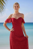 Burgundy Lace Off the Shoulder Long Bridesmaid Dress with Slit