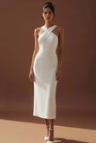 White Criss Cross Neck Sheath Long Wedding Reception Dress
