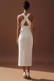 White Criss Cross Neck Sheath Long Wedding Reception Dress