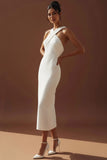 White Criss Cross Neck Sheath Long Wedding Reception Dress