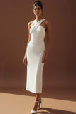 White Criss Cross Neck Sheath Long Wedding Reception Dress