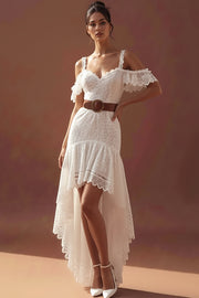 White Lace Cold Shoulder High-Low Wedding Reception Dress with Ruffles