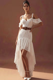 White Lace Cold Shoulder High-Low Wedding Reception Dress with Ruffles