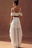 White Lace Cold Shoulder High-Low Wedding Reception Dress with Ruffles