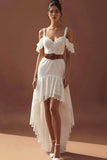 White Lace Cold Shoulder High-Low Wedding Reception Dress with Ruffles