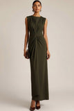 Olive Crew Neck Ruched Sheath Long Formal Dress
