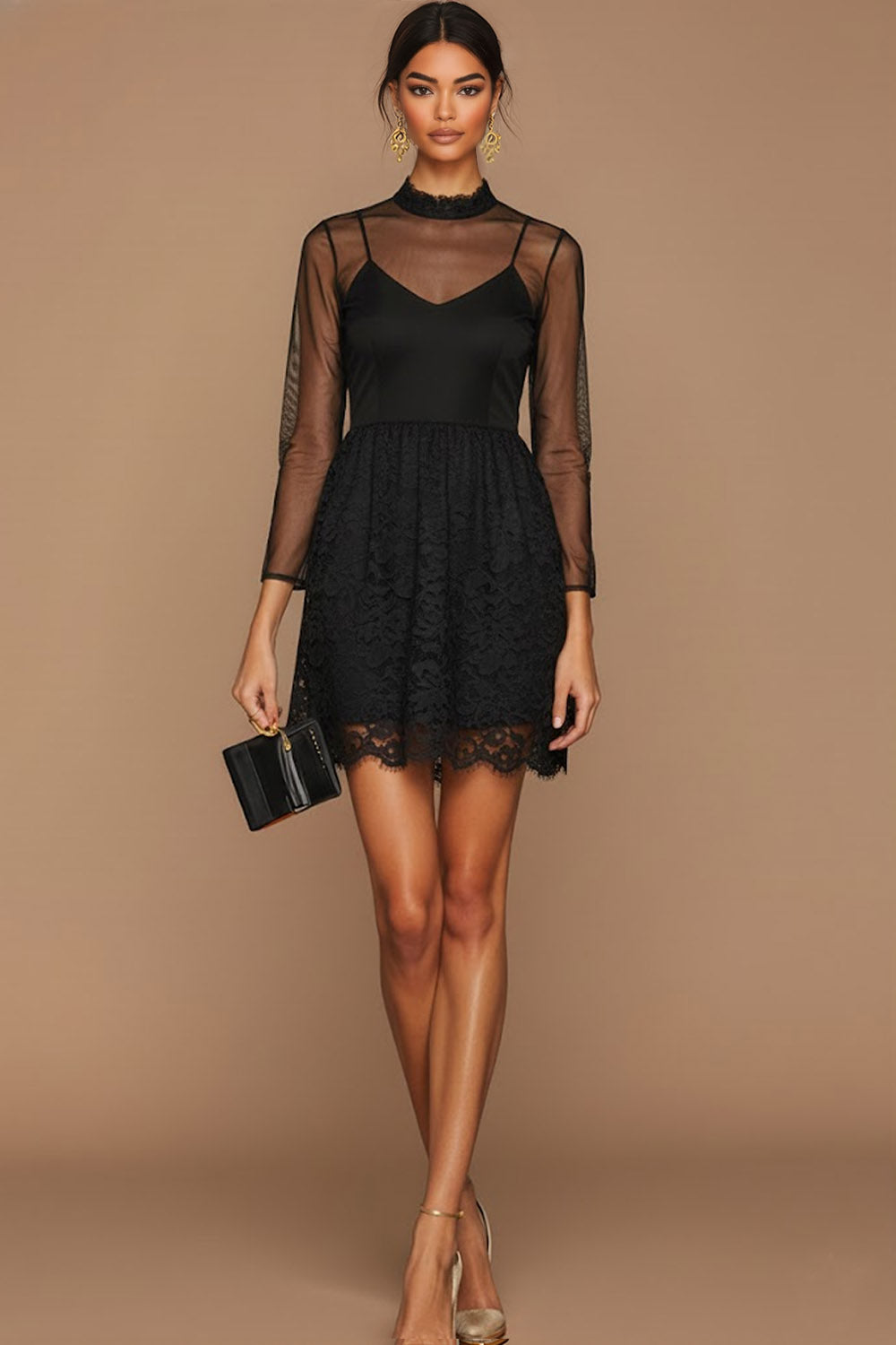 Leely Women Black Lace Short Cocktail Dress with Sleeves Chiffon High