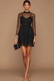 Black High Neck Lace Short Cocktail Dress with Sleeves