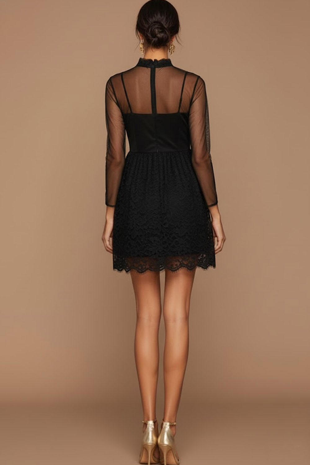 Leely Women Black Lace Short Cocktail Dress with Sleeves Chiffon High
