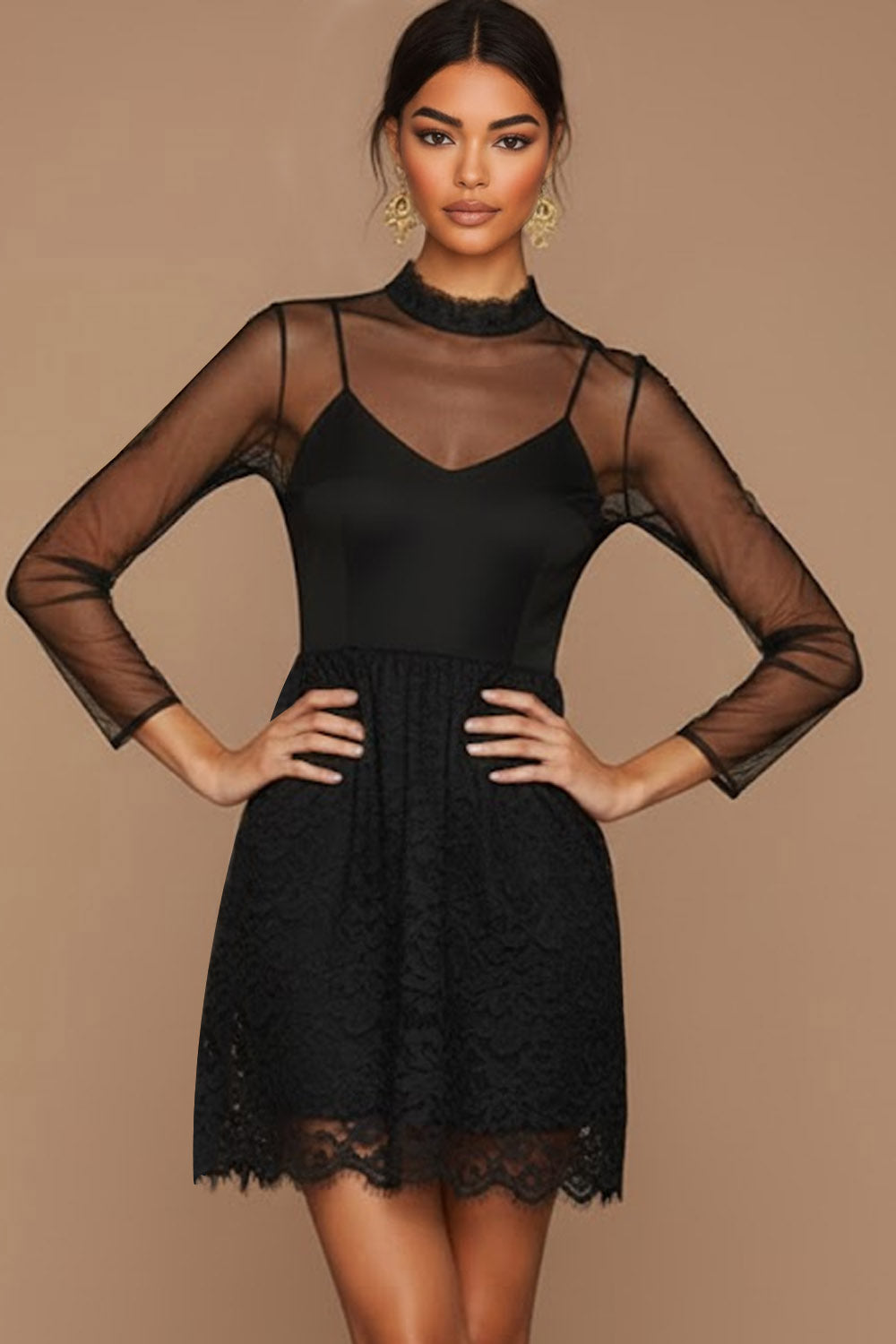 Leely Women Black Lace Short Cocktail Dress with Sleeves Chiffon High