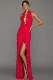 Red Halter Neck Chiffon Ruched Long Wedding Guest Dress with Slit