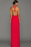 Red Halter Neck Chiffon Ruched Long Wedding Guest Dress with Slit