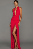 Red Halter Neck Chiffon Ruched Long Wedding Guest Dress with Slit