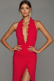 Red Halter Neck Chiffon Ruched Long Wedding Guest Dress with Slit