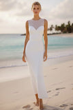 White Crew Neck Sheath Chiffon Long Bridal Dress