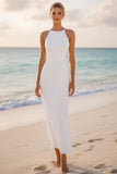 White Halter Neck Sheath Chiffon Long Wedding Reception Dress