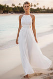 White Halter Neck Cut Out Chiffon Long Bridal Dress