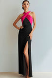 Fuchsia and Black Criss Cross Neck Sheath Long Formal Dress with Slit