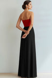 Red and Black Sheath Strapless Long Wedding Guest Dress with Slit