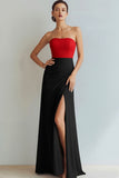 Red and Black Sheath Strapless Long Wedding Guest Dress with Slit
