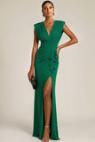 Emerald Green Pleated V-Neck Long Wedding Guest Dress with Slit