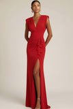 Emerald Green Pleated V-Neck Long Wedding Guest Dress with Slit