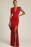 Emerald Green Pleated V-Neck Long Wedding Guest Dress with Slit