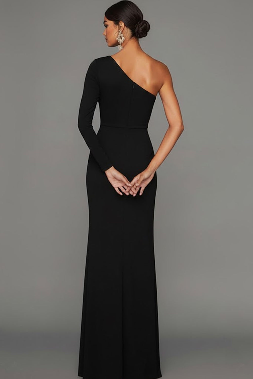 Leely Women Black One Shoulder Formal Dress with Slit Sheath Long Sleeves Wedding Guest Dress leelyuk Leely Women Black One Shoulder Formal Dress with Slit Sheath Long Sleeves Wedding Guest Dress leelyuk