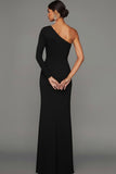 Black Sheath One Shoulder Long Sleeves Formal Dress with Slit