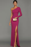 Black Sheath One Shoulder Long Sleeves Formal Dress with Slit